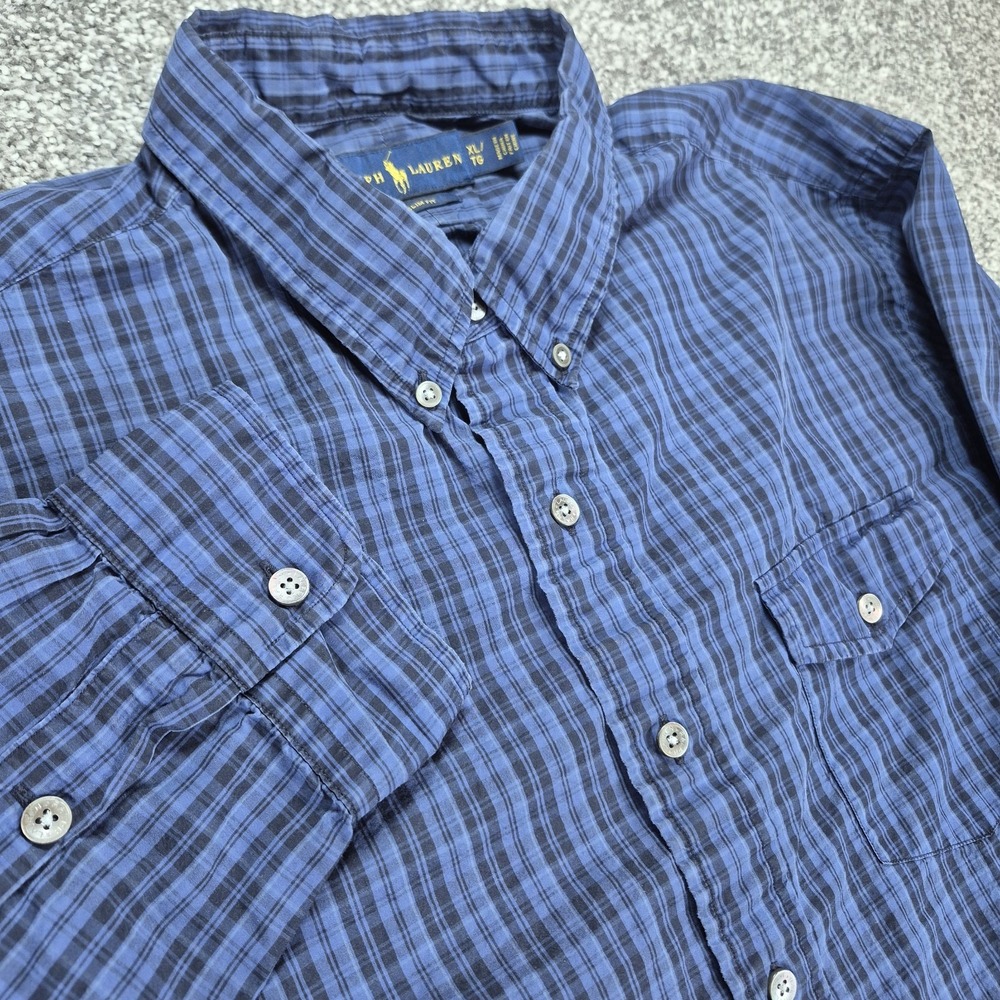 Ralph Lauren Button-Down Shirt Men's XL Slim Fit Blue Plaid Chest‎ Pocket